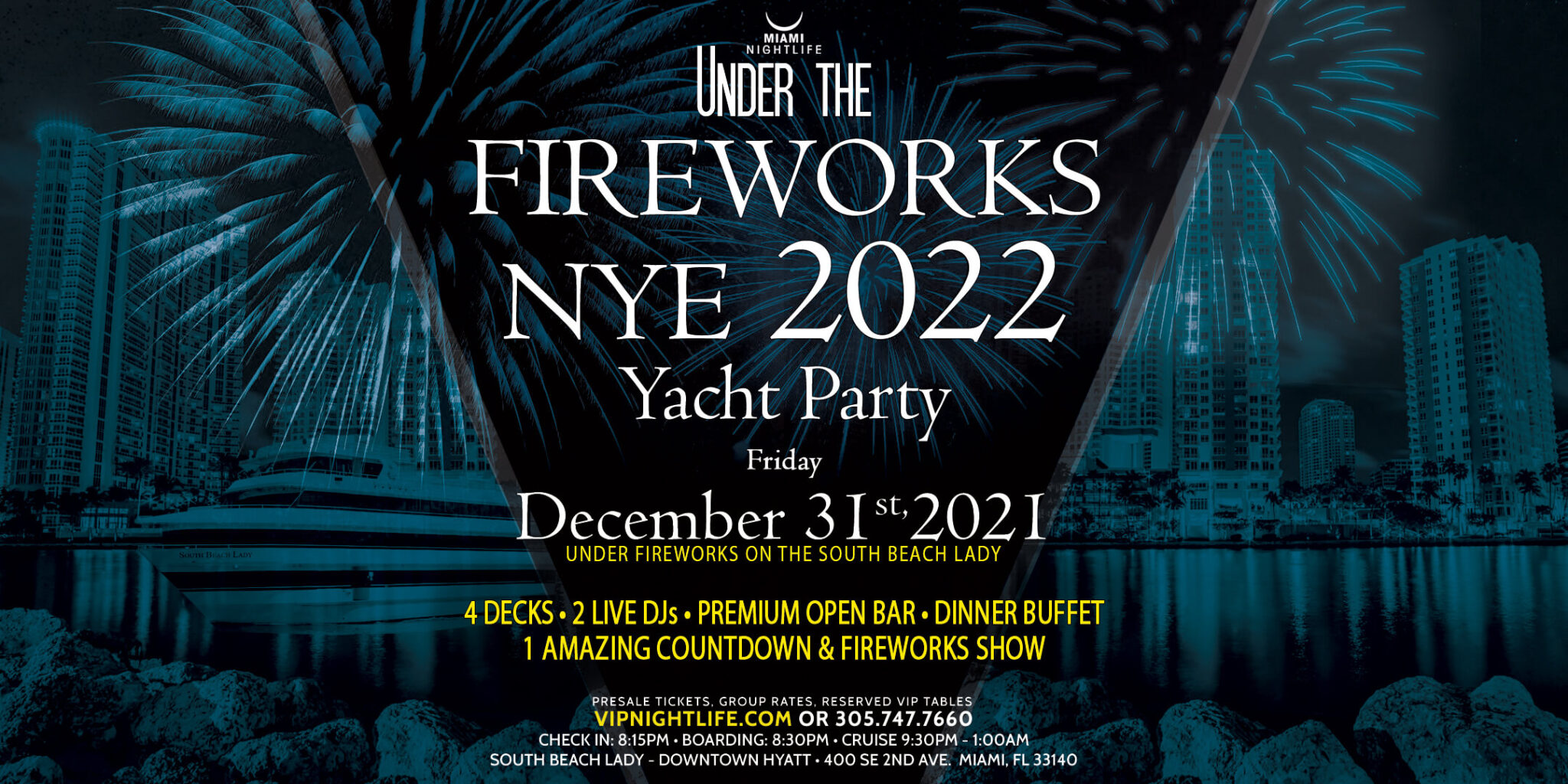 New Year's Eve 2022 Miami Fireworks Party Cruise Seafair Mega Yacht